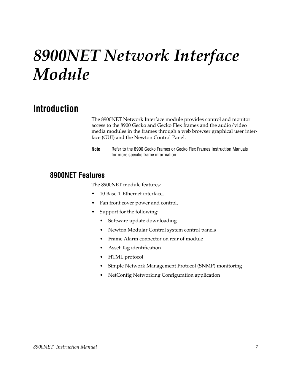 8900net network interface module, Introduction, 8900net features | Grass Valley 8900NET v.4.0.0 User Manual | Page 7 / 94