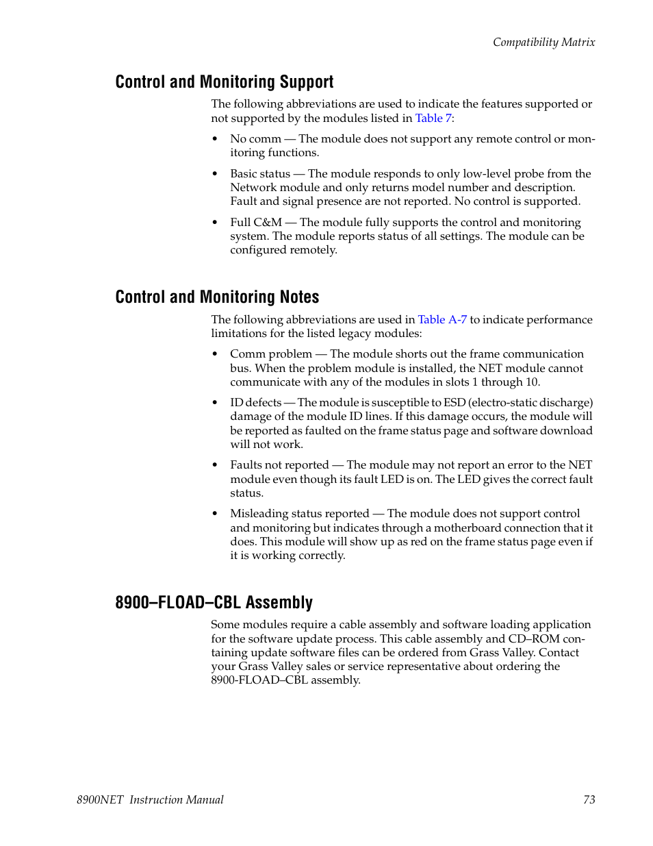 Control and monitoring support, Control and monitoring notes, 8900-fload-cbl assembly | 8900–fload–cbl assembly | Grass Valley 8900NET v.4.0.0 User Manual | Page 73 / 94