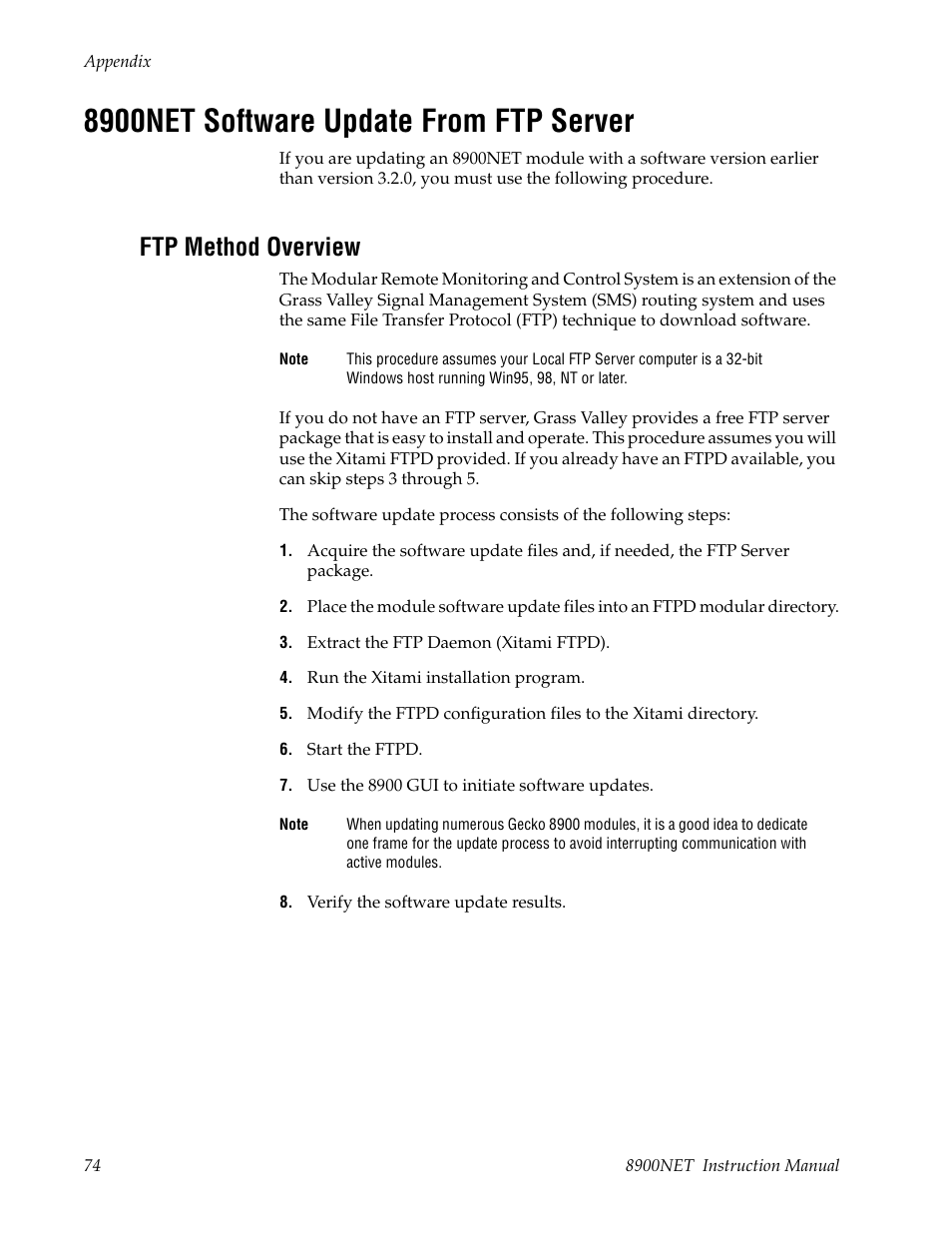 8900net software update from ftp server, Ftp method overview, 8900net software update | Grass Valley 8900NET v.4.0.0 User Manual | Page 74 / 94