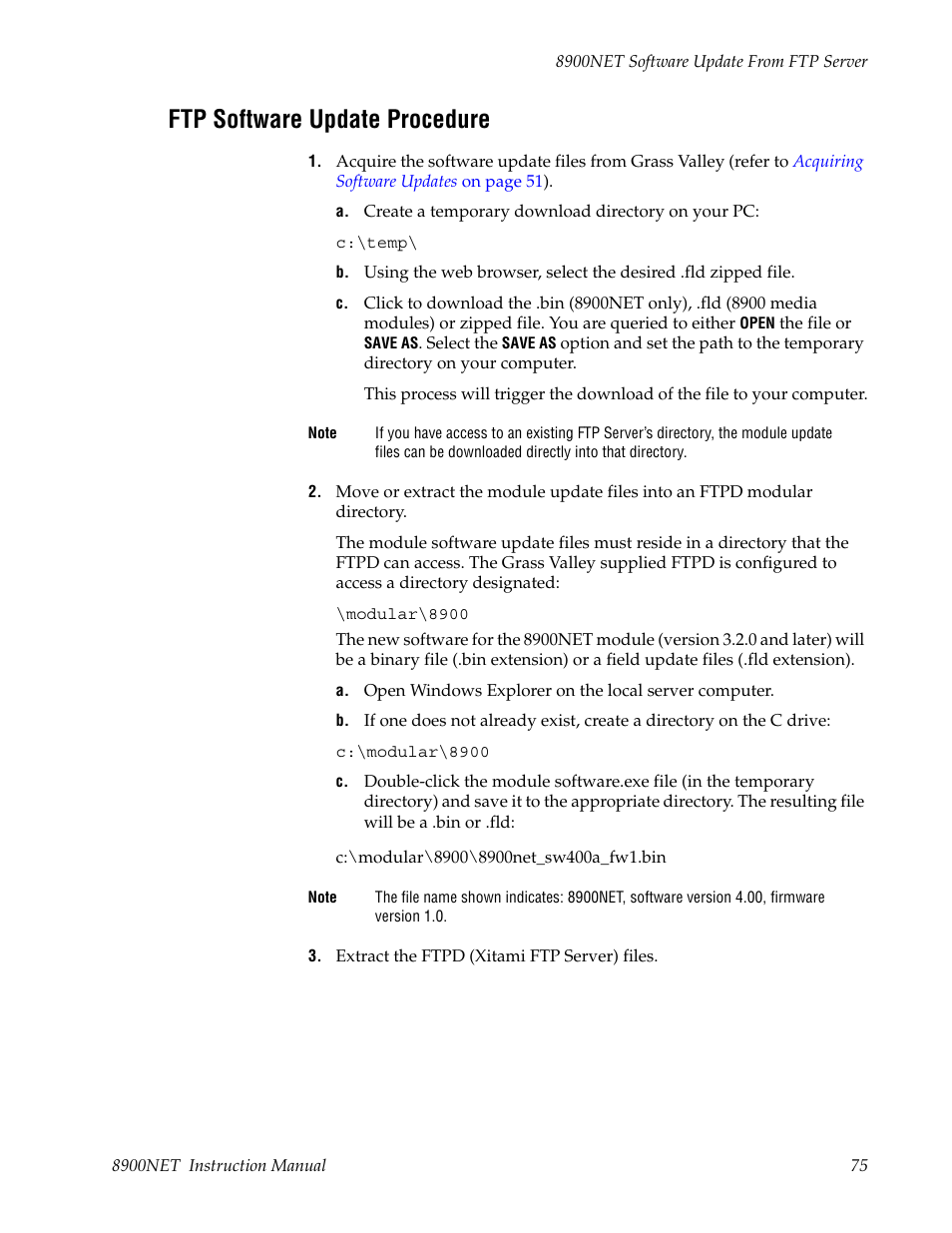 Ftp software update procedure | Grass Valley 8900NET v.4.0.0 User Manual | Page 75 / 94
