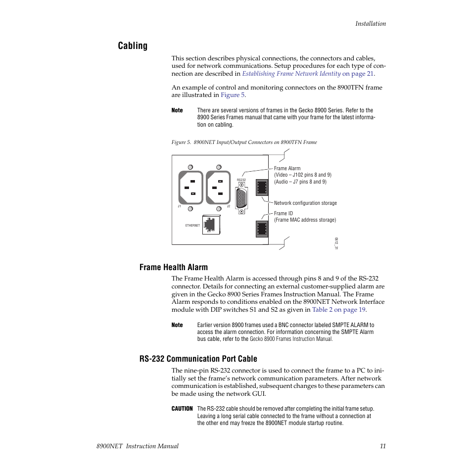 Cabling, Frame health alarm, Rs-232 communication port cable | Grass Valley 8900NET v.3.2.2 User Manual | Page 11 / 78