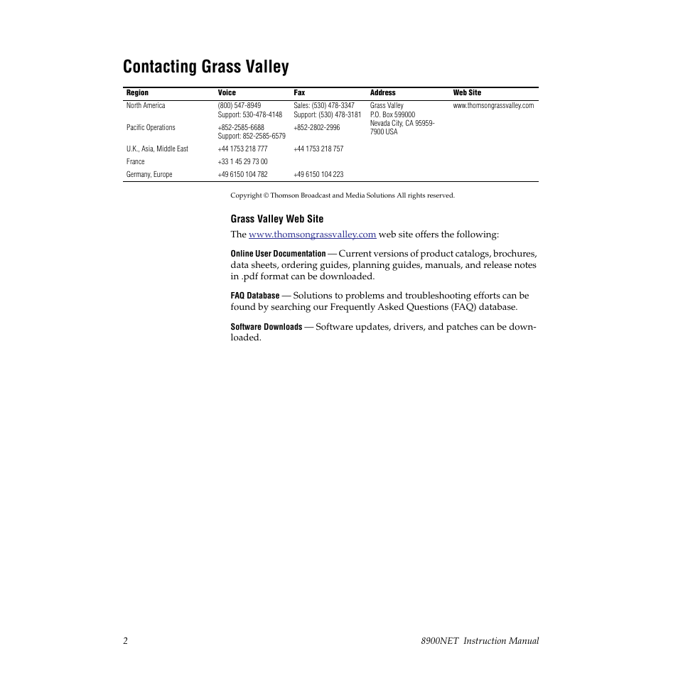 Contacting grass valley | Grass Valley 8900NET v.3.2.2 User Manual | Page 2 / 78