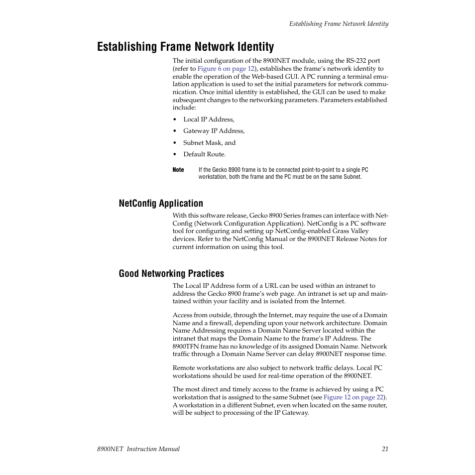 Establishing frame network identity, Netconfig application, Good networking practices | E described in | Grass Valley 8900NET v.3.2.2 User Manual | Page 21 / 78