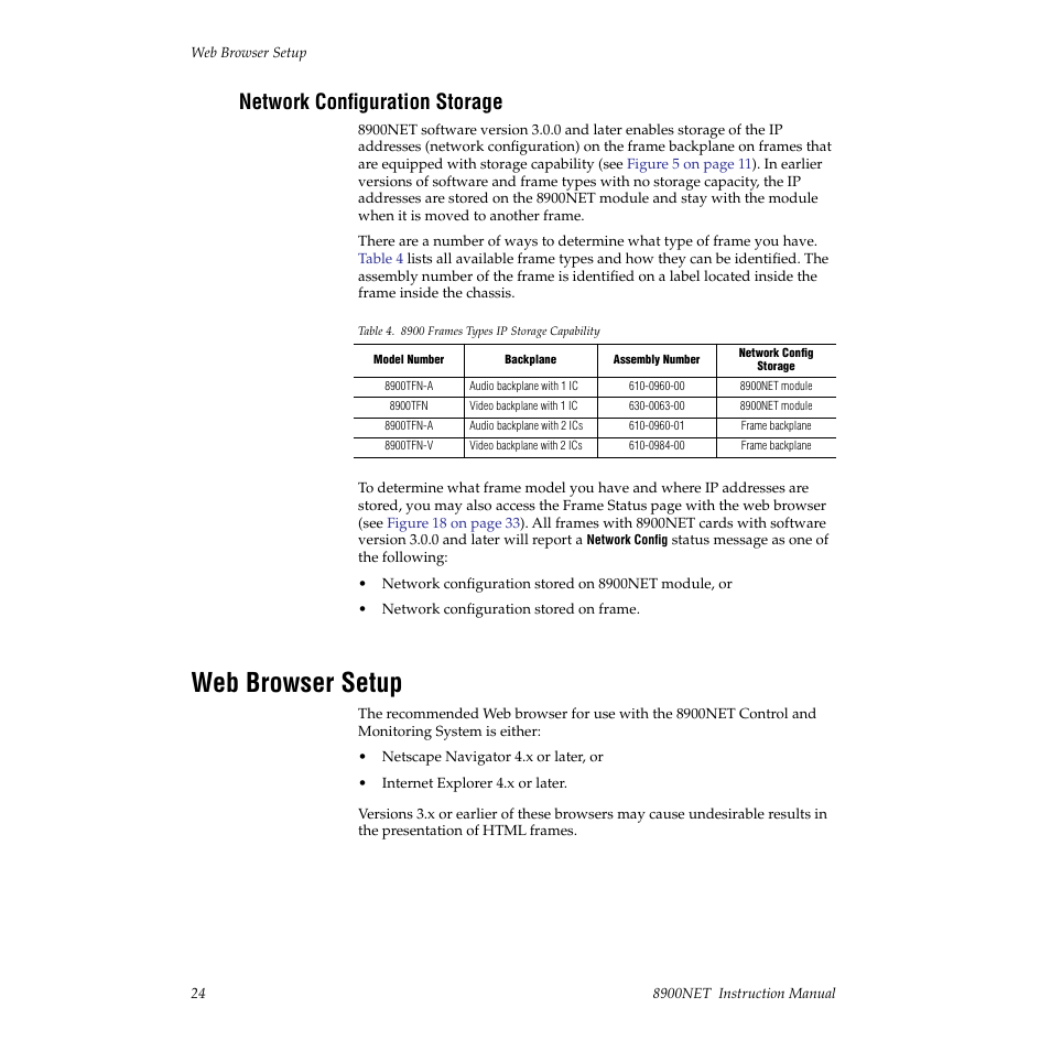 Network configuration storage, Web browser setup | Grass Valley 8900NET v.3.2.2 User Manual | Page 24 / 78