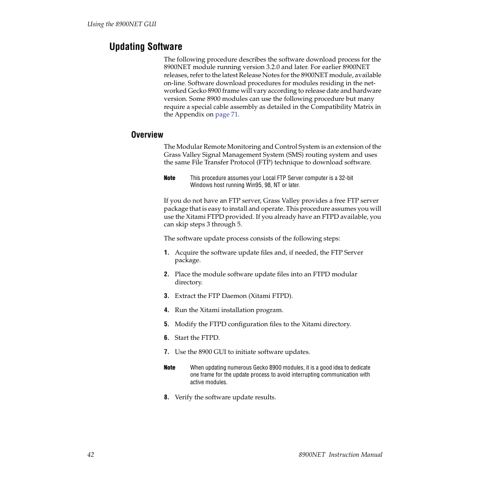 Updating software, Overview | Grass Valley 8900NET v.3.2.2 User Manual | Page 42 / 78
