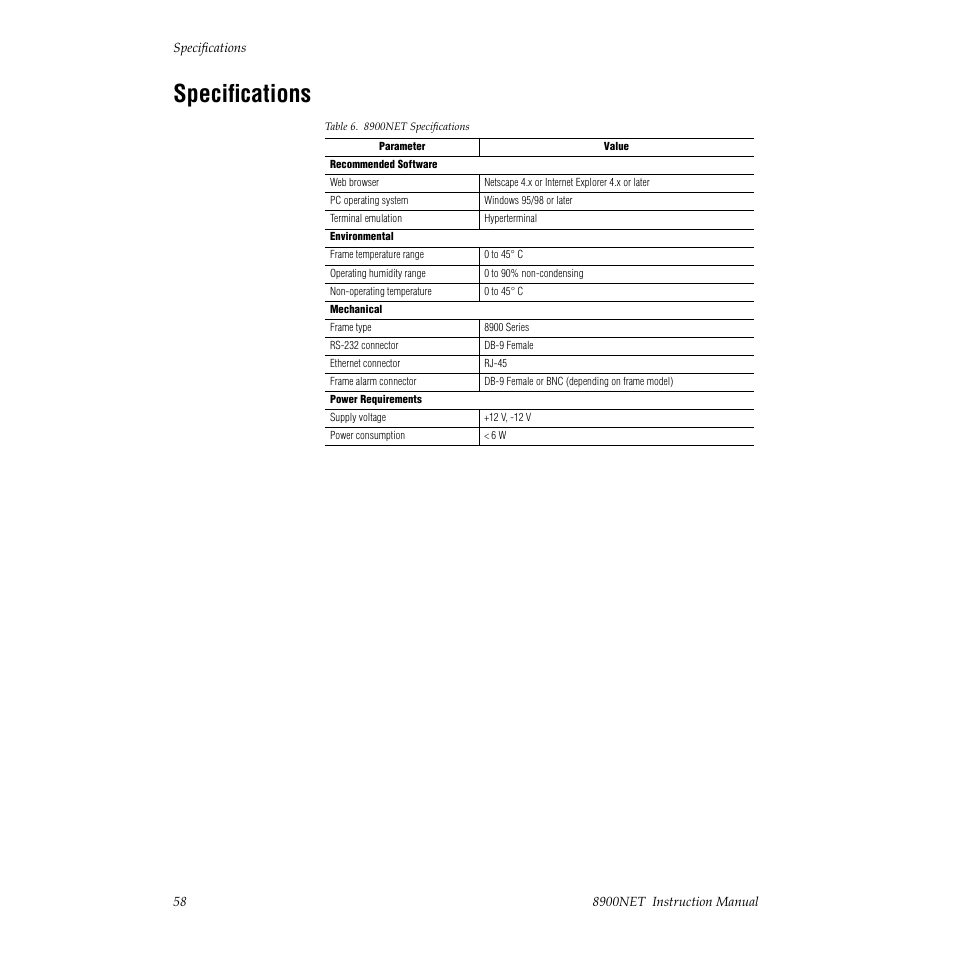 Specifications | Grass Valley 8900NET v.3.2.2 User Manual | Page 58 / 78