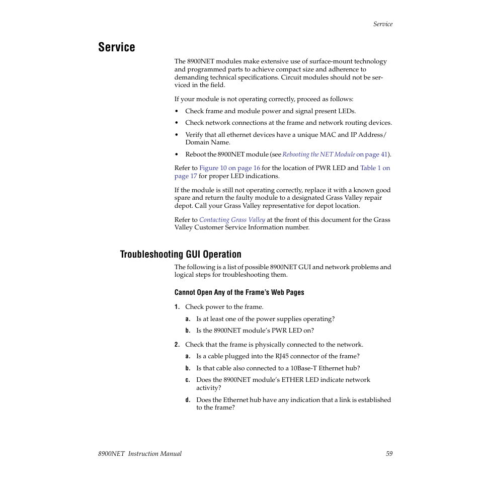 Service, Troubleshooting gui operation | Grass Valley 8900NET v.3.2.2 User Manual | Page 59 / 78