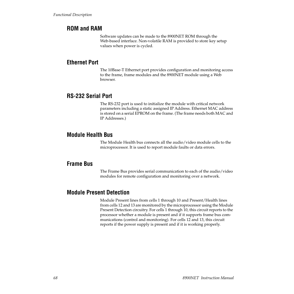 Rom and ram, Ethernet port, Rs-232 serial port | Module health bus, Frame bus, Module present detection | Grass Valley 8900NET v.3.2.2 User Manual | Page 68 / 78
