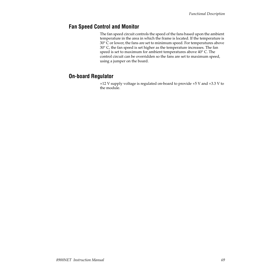 Fan speed control and monitor, On-board regulator | Grass Valley 8900NET v.3.2.2 User Manual | Page 69 / 78