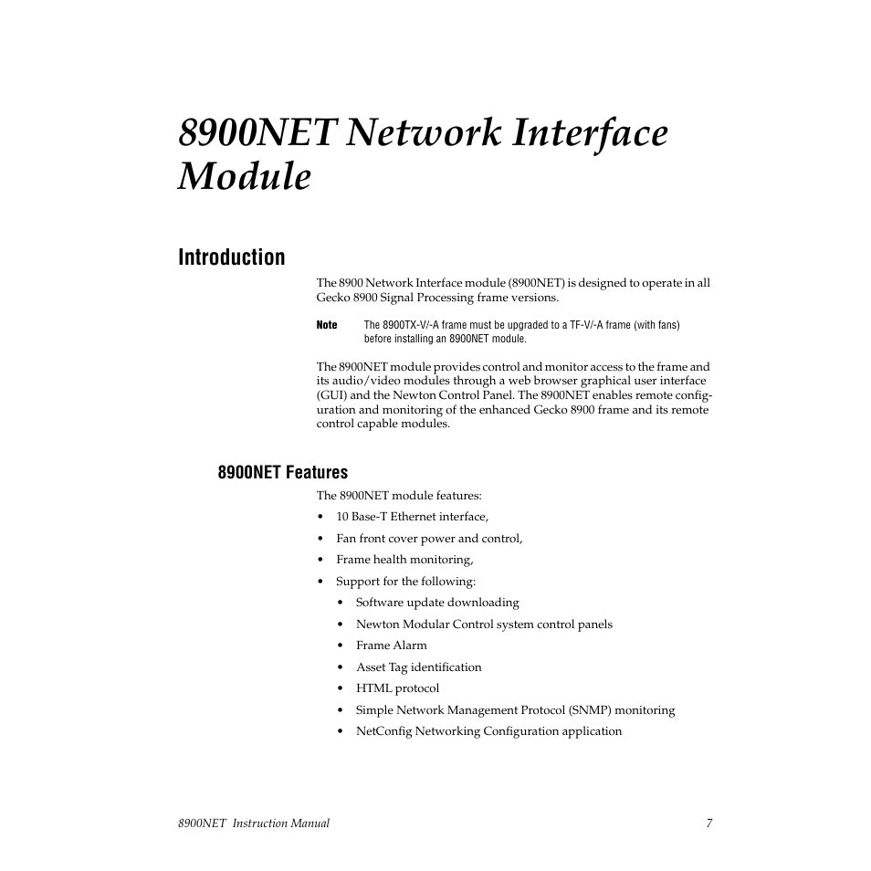 8900net network interface module, Introduction, 8900net features | Grass Valley 8900NET v.3.2.2 User Manual | Page 7 / 78