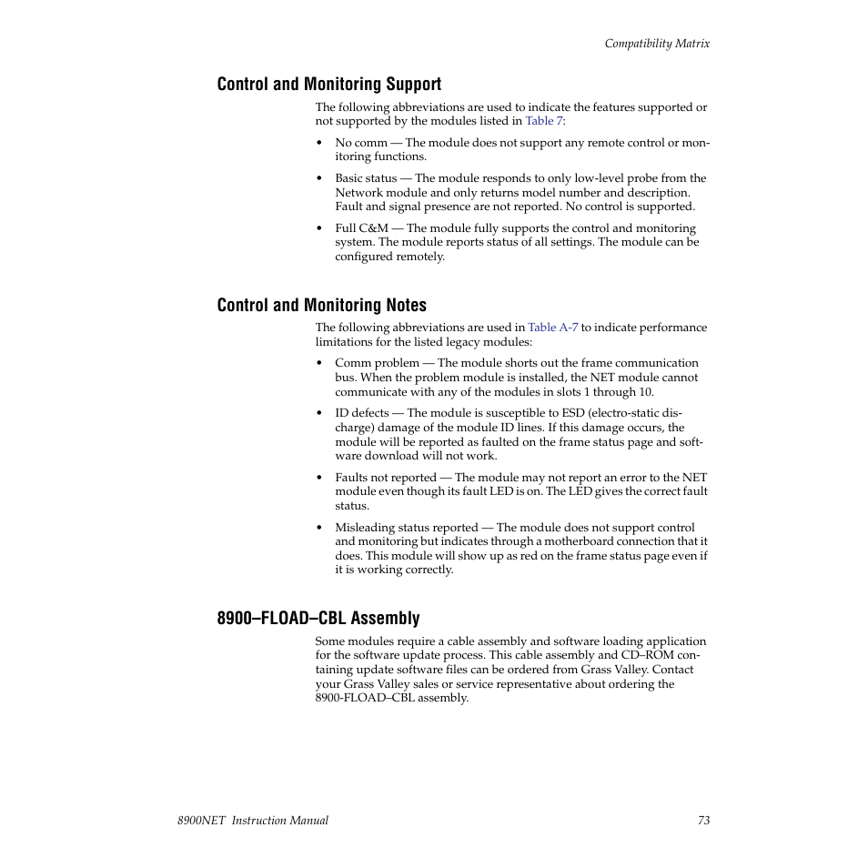 Control and monitoring support, Control and monitoring notes, 8900–fload–cbl assembly | For definitions, For information | Grass Valley 8900NET v.3.2.2 User Manual | Page 73 / 78