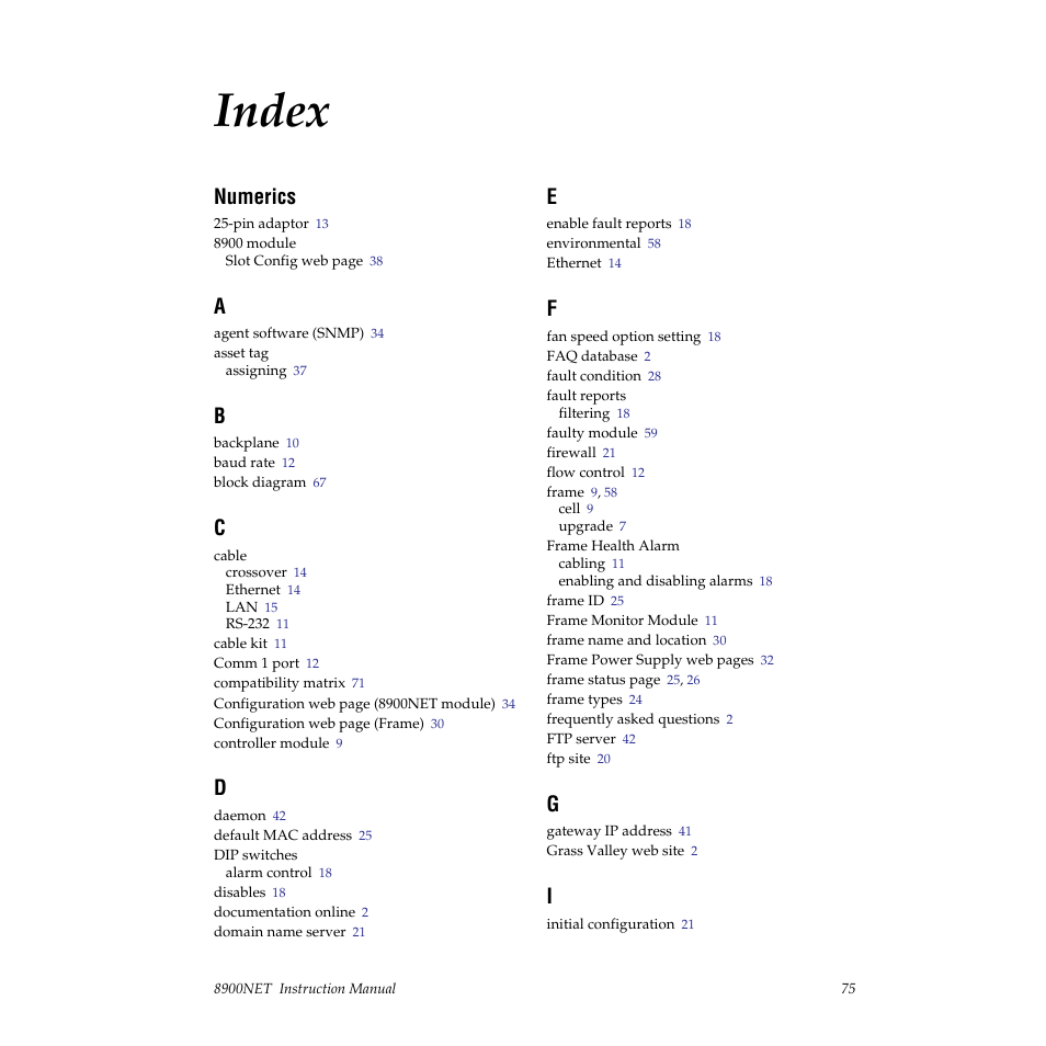 Index, Numerics | Grass Valley 8900NET v.3.2.2 User Manual | Page 75 / 78