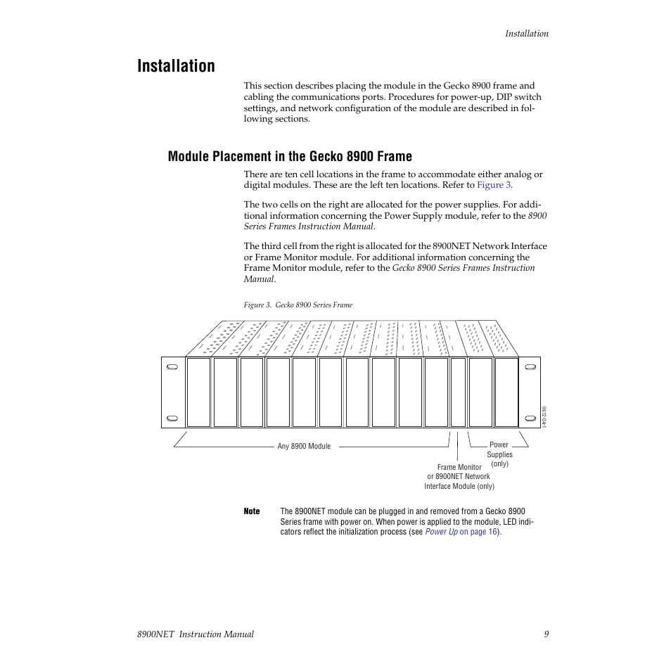 Installation, Module placement in the gecko 8900 frame | Grass Valley 8900NET v.3.2.2 User Manual | Page 9 / 78