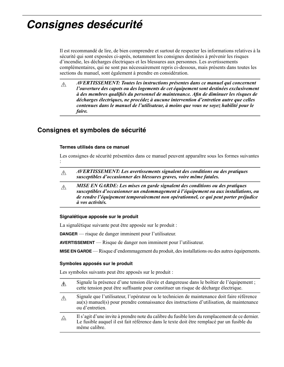 Consignes et symboles de sécurité, Consignes desécurité | Grass Valley Safety Summary User Manual | Page 10 / 17