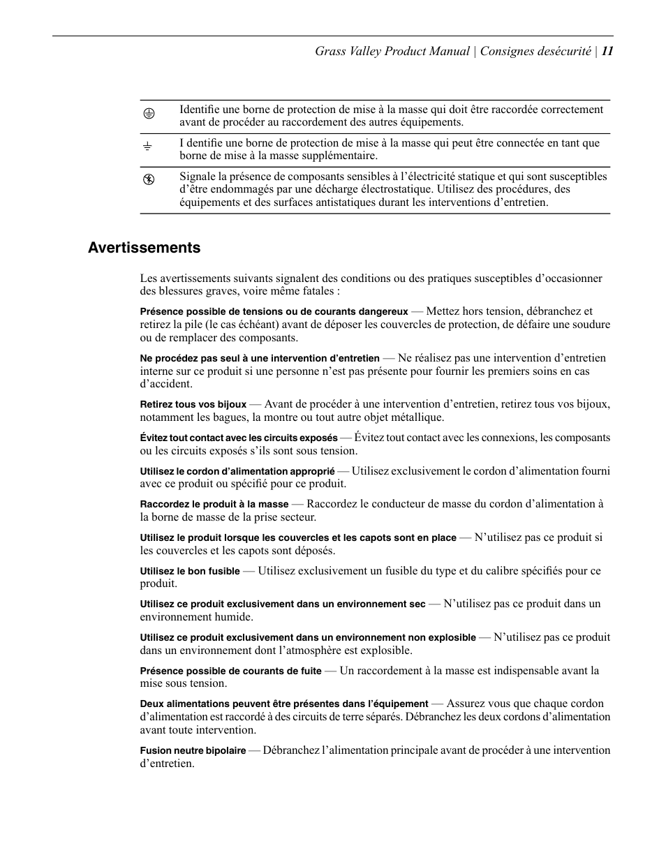 Avertissements | Grass Valley Safety Summary User Manual | Page 11 / 17