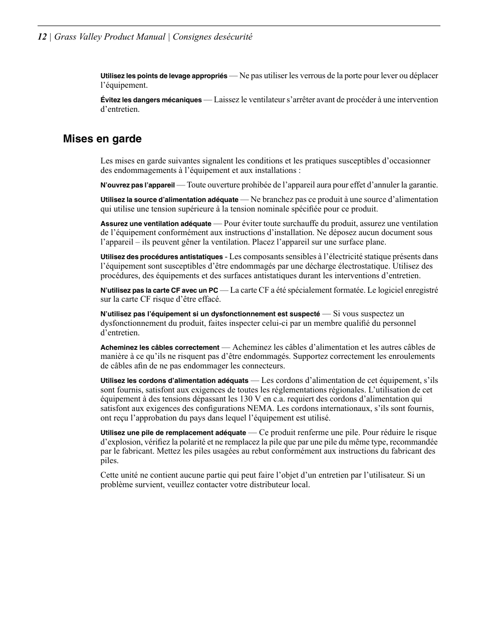 Mises en garde | Grass Valley Safety Summary User Manual | Page 12 / 17