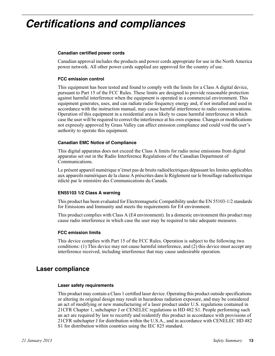 Laser compliance, Certifications and compliances | Grass Valley Safety Summary User Manual | Page 13 / 17