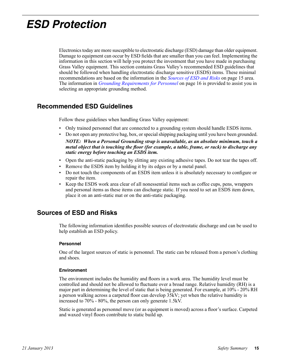 Recommended esd guidelines, Sources of esd and risks, Esd protection | Grass Valley Safety Summary User Manual | Page 15 / 17