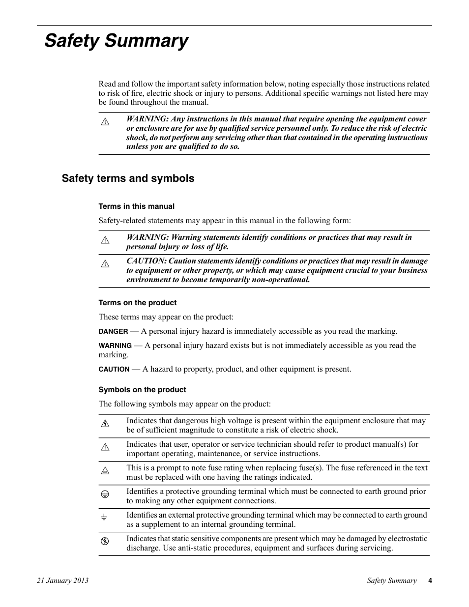 Safety terms and symbols, Safety summary | Grass Valley Safety Summary User Manual | Page 4 / 17