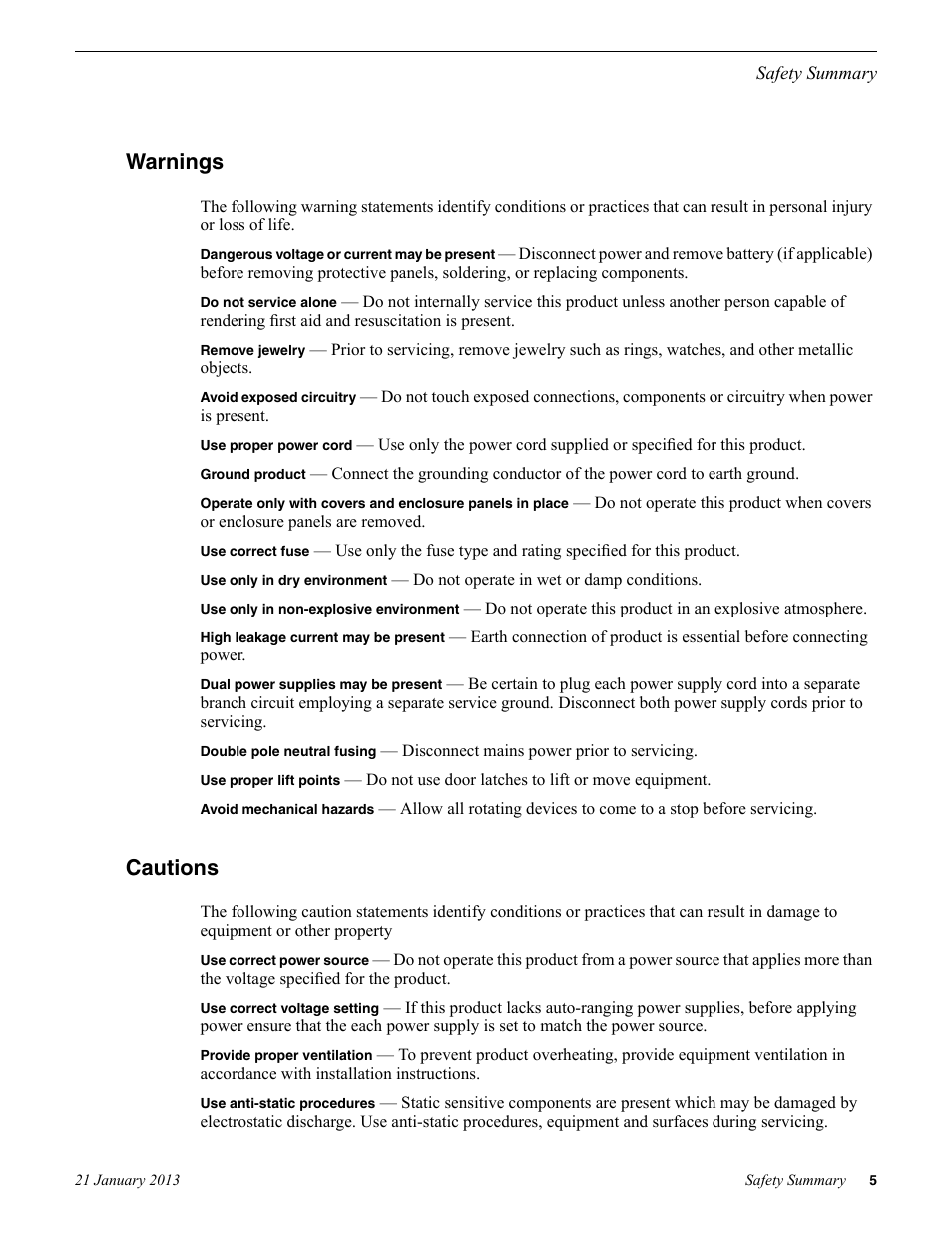 Warnings, Cautions, Warnings cautions | Grass Valley Safety Summary User Manual | Page 5 / 17