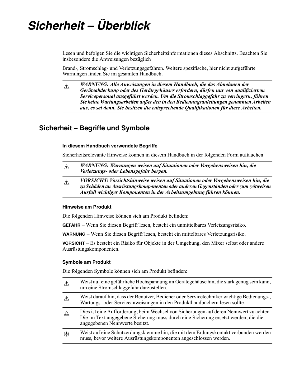 Sicherheit – begriffe und symbole, Sicherheit – überblick | Grass Valley Safety Summary User Manual | Page 7 / 17