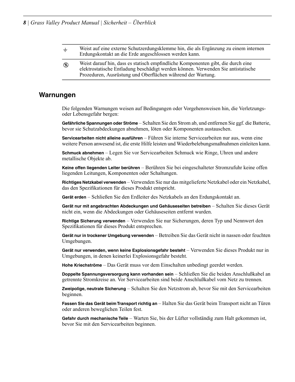 Warnungen | Grass Valley Safety Summary User Manual | Page 8 / 17