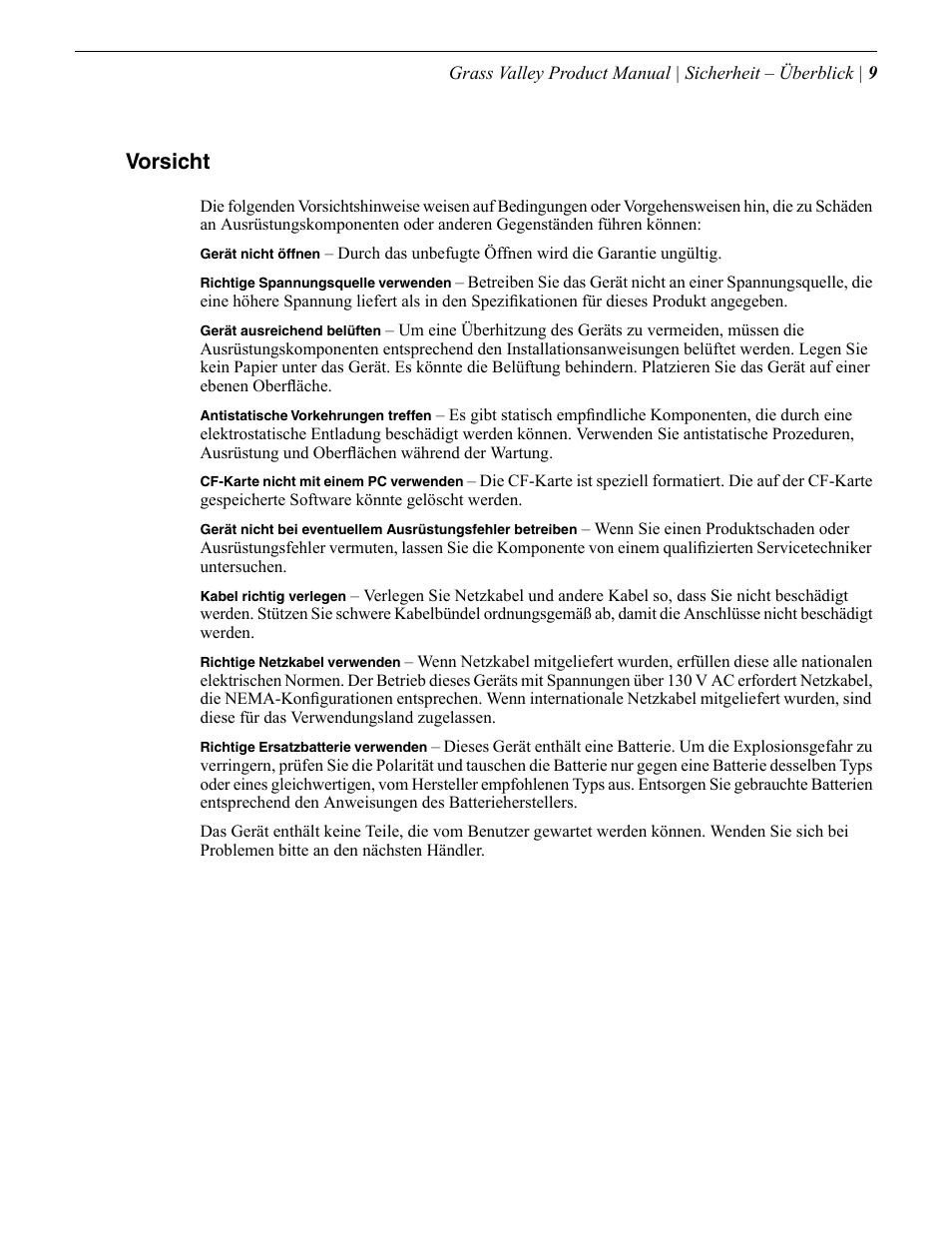 Vorsicht | Grass Valley Safety Summary User Manual | Page 9 / 17