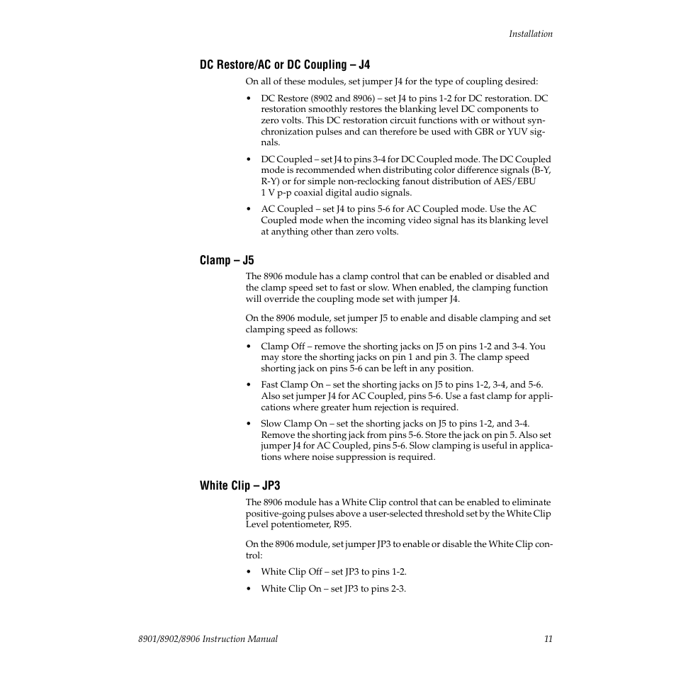 Dc restore/ac or dc coupling – j4, Clamp – j5, White clip – jp3 | Grass Valley 8901 User Manual | Page 11 / 34