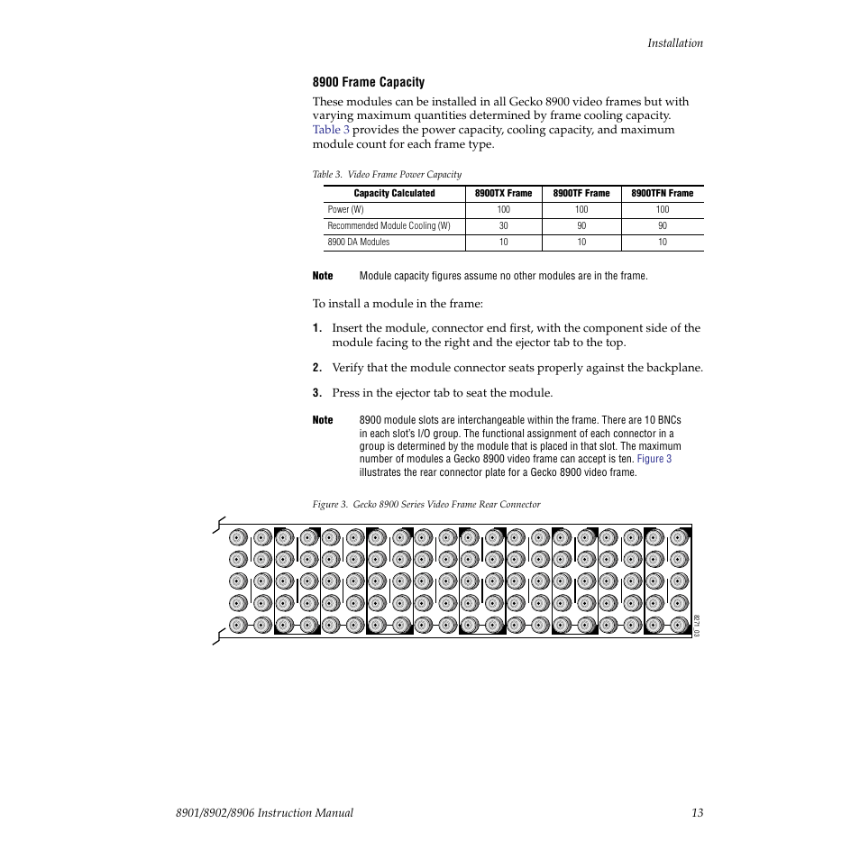 8900 frame capacity, Press in the ejector tab to seat the module | Grass Valley 8901 User Manual | Page 13 / 34
