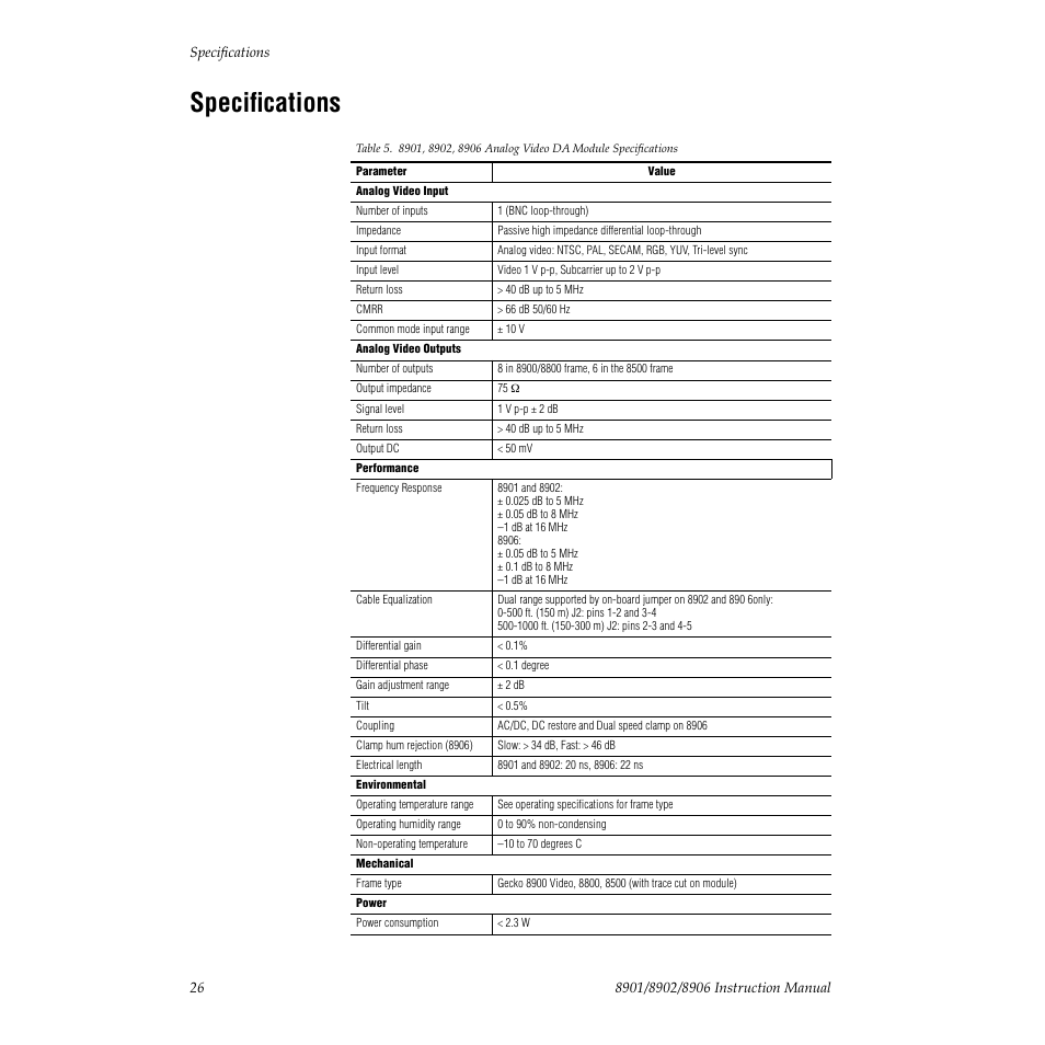 Specifications | Grass Valley 8901 User Manual | Page 26 / 34