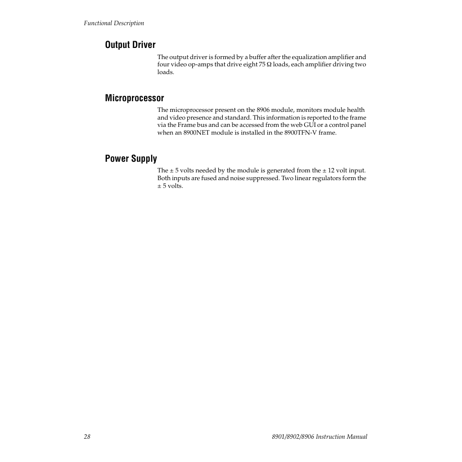 Output driver, Microprocessor, Power supply | Grass Valley 8901 User Manual | Page 28 / 34