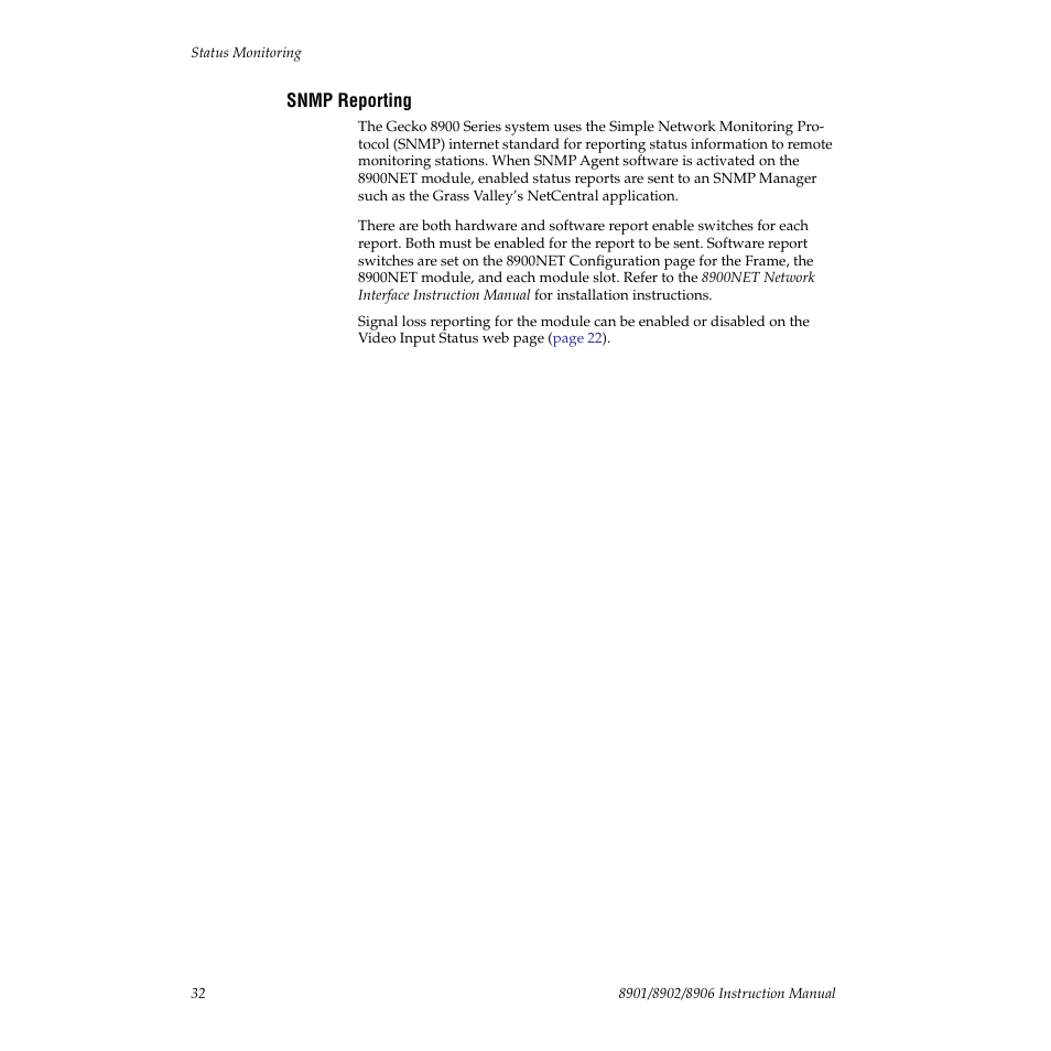 Snmp reporting | Grass Valley 8901 User Manual | Page 32 / 34