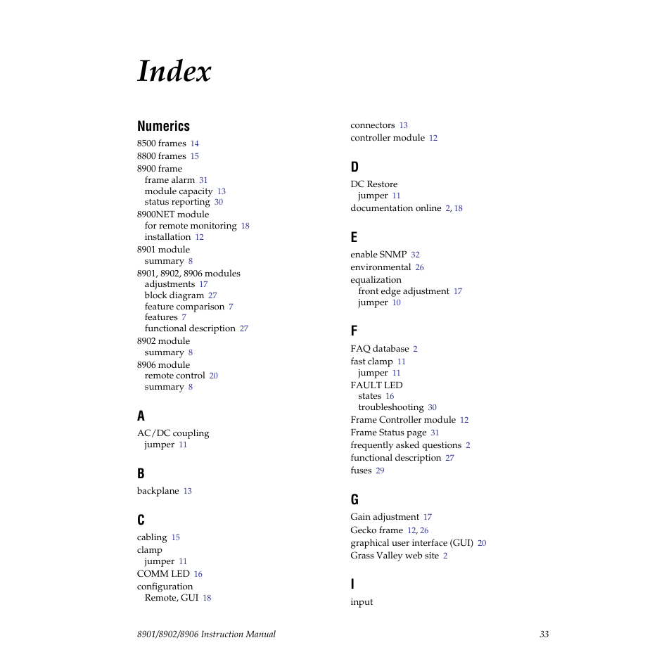 Index, Numerics | Grass Valley 8901 User Manual | Page 33 / 34