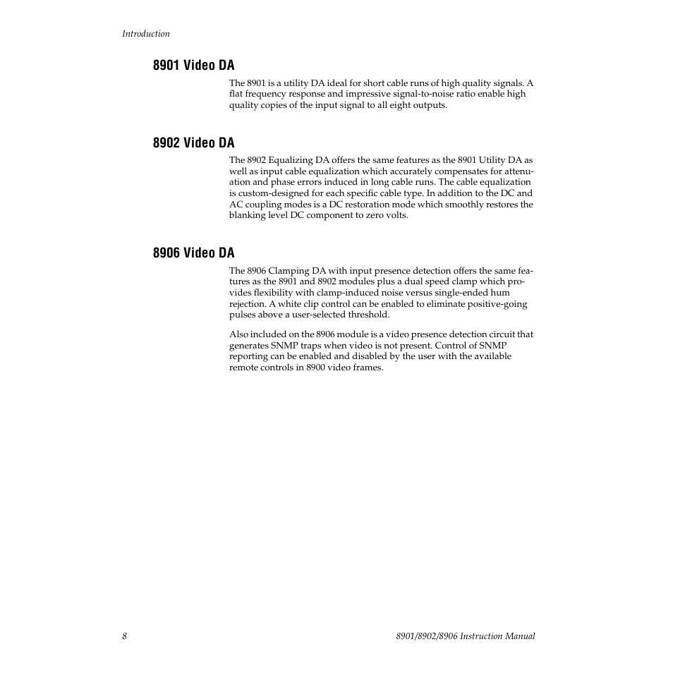 8901 video da, 8902 video da, 8906 video da | Grass Valley 8901 User Manual | Page 8 / 34