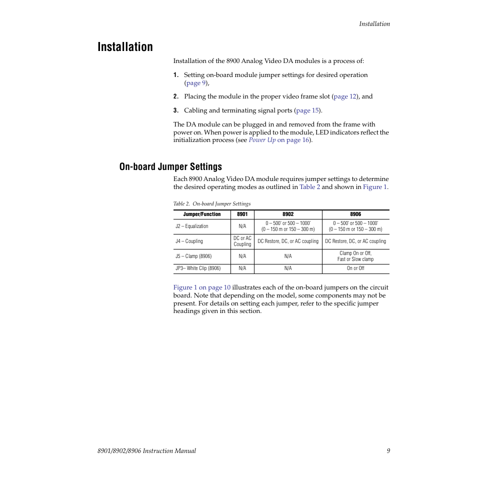 Installation, On-board jumper settings | Grass Valley 8901 User Manual | Page 9 / 34