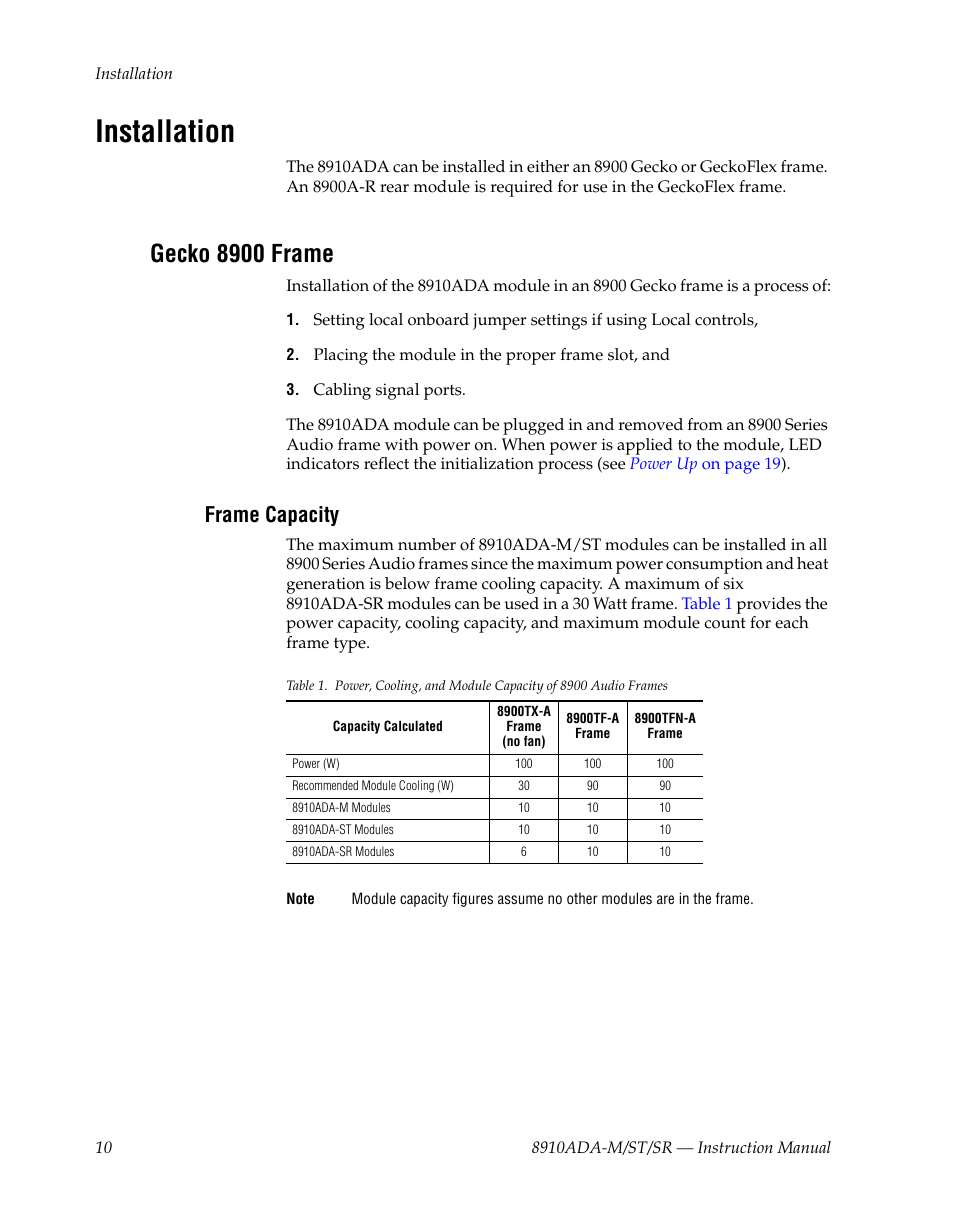 Installation, Gecko 8900 frame, Frame capacity | Grass Valley 8910ADA-M User Manual | Page 10 / 58