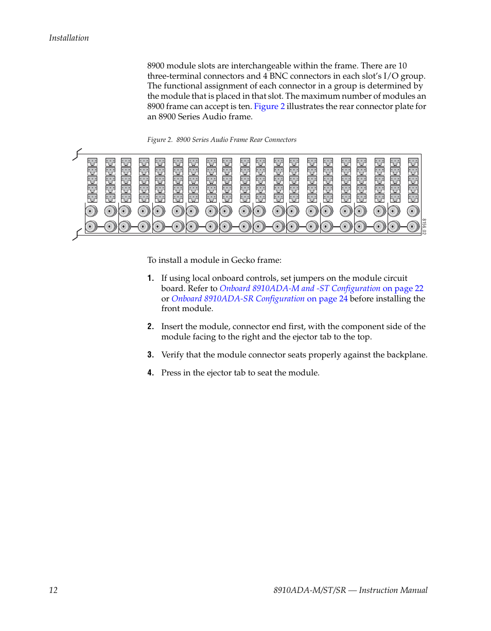 Press in the ejector tab to seat the module | Grass Valley 8910ADA-M User Manual | Page 12 / 58
