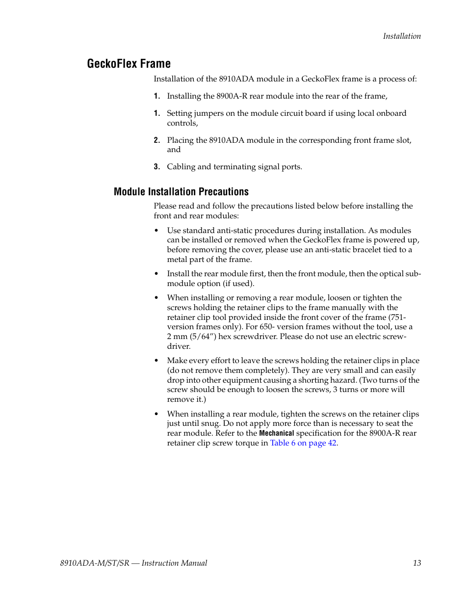 Geckoflex frame, Module installation precautions | Grass Valley 8910ADA-M User Manual | Page 13 / 58