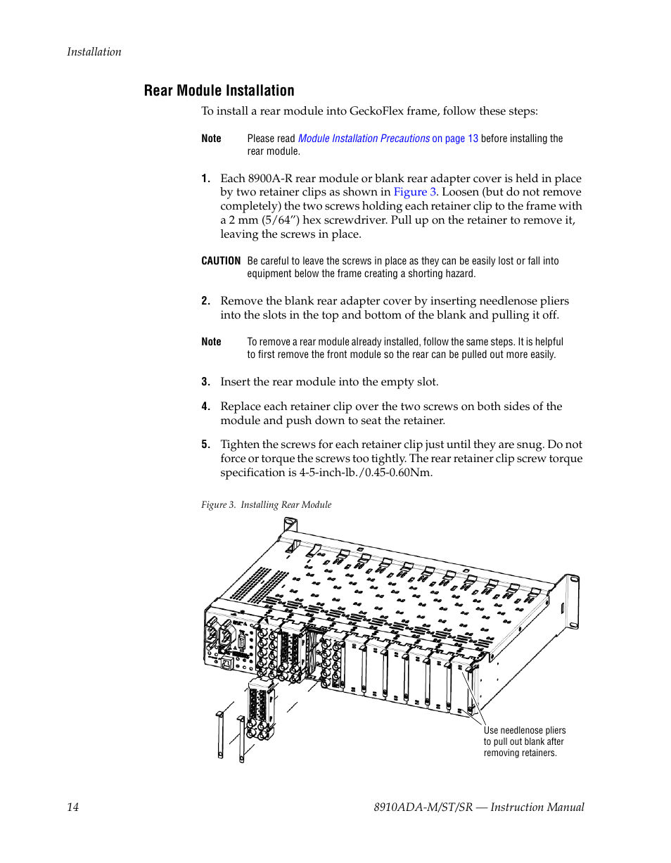 Rear module installation | Grass Valley 8910ADA-M User Manual | Page 14 / 58