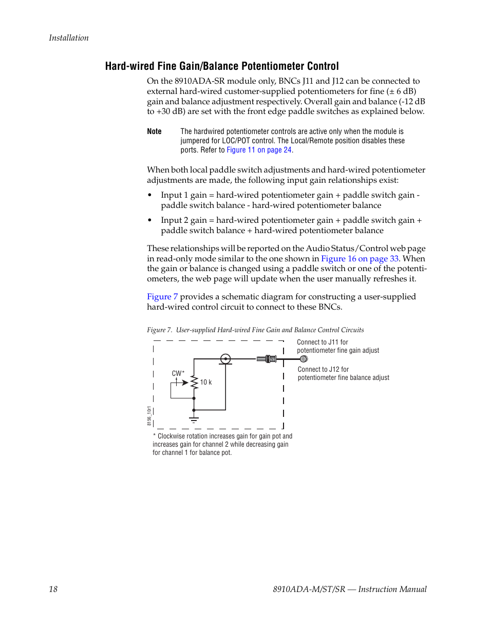 Hard-wired fine gain/balance potentiometer control | Grass Valley 8910ADA-M User Manual | Page 18 / 58