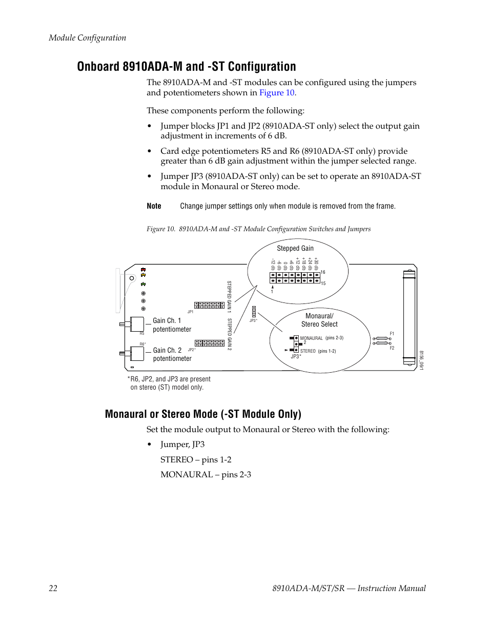 Onboard 8910ada-m and -st configuration, Monaural or stereo mode (-st module only), Refer to | Onboard 8910ada-m and -st configuration on | Grass Valley 8910ADA-M User Manual | Page 22 / 58