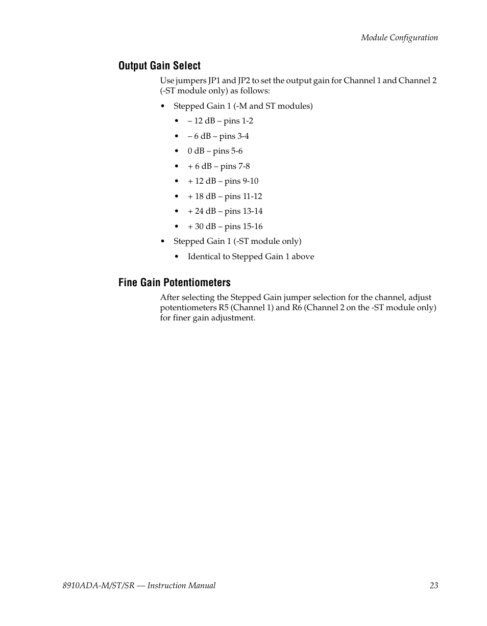 Output gain select, Fine gain potentiometers | Grass Valley 8910ADA-M User Manual | Page 23 / 58
