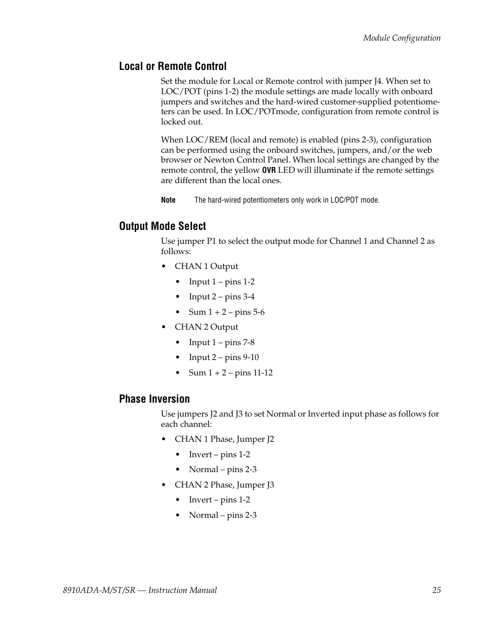 Local or remote control, Output mode select, Phase inversion | Grass Valley 8910ADA-M User Manual | Page 25 / 58