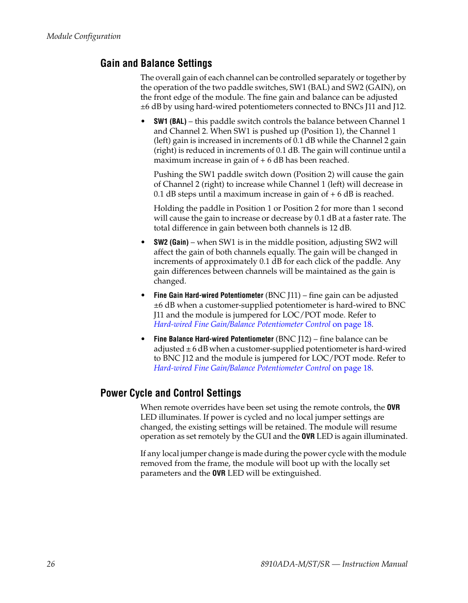Gain and balance settings, Power cycle and control settings | Grass Valley 8910ADA-M User Manual | Page 26 / 58