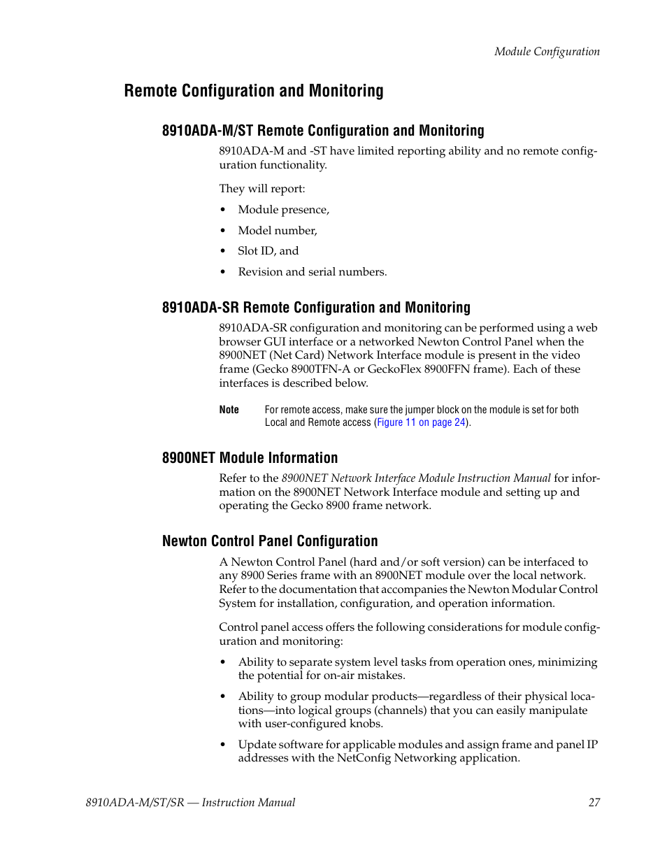 Remote configuration and monitoring, 8910ada-m/st remote configuration and monitoring, 8910ada-sr remote configuration and monitoring | 8900net module information, Newton control panel configuration | Grass Valley 8910ADA-M User Manual | Page 27 / 58