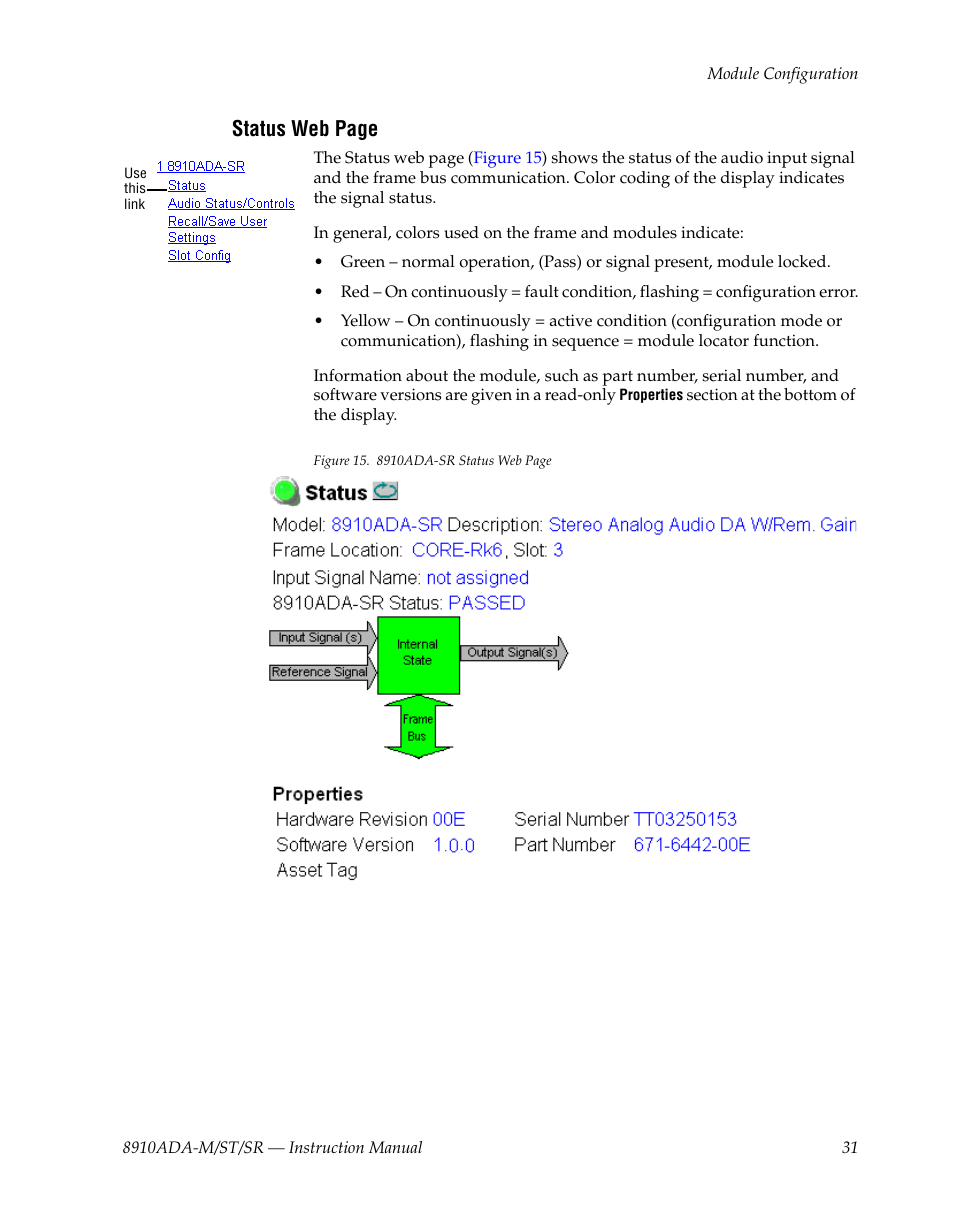 Tion, Status web page | Grass Valley 8910ADA-M User Manual | Page 31 / 58