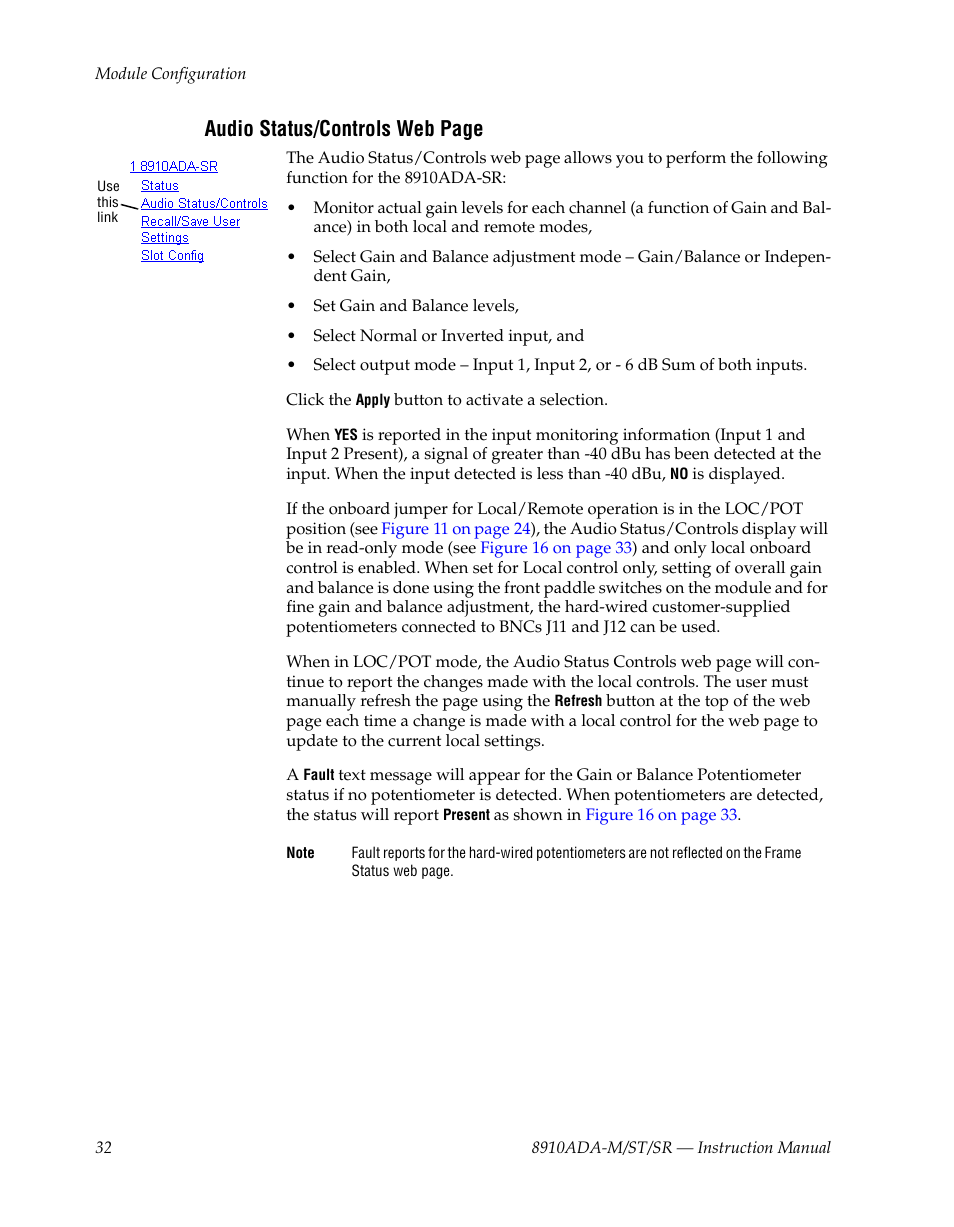 Audio status/controls web page | Grass Valley 8910ADA-M User Manual | Page 32 / 58