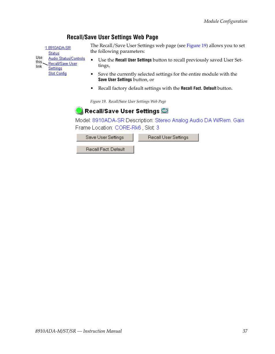 Recall/save user settings web page | Grass Valley 8910ADA-M User Manual | Page 37 / 58