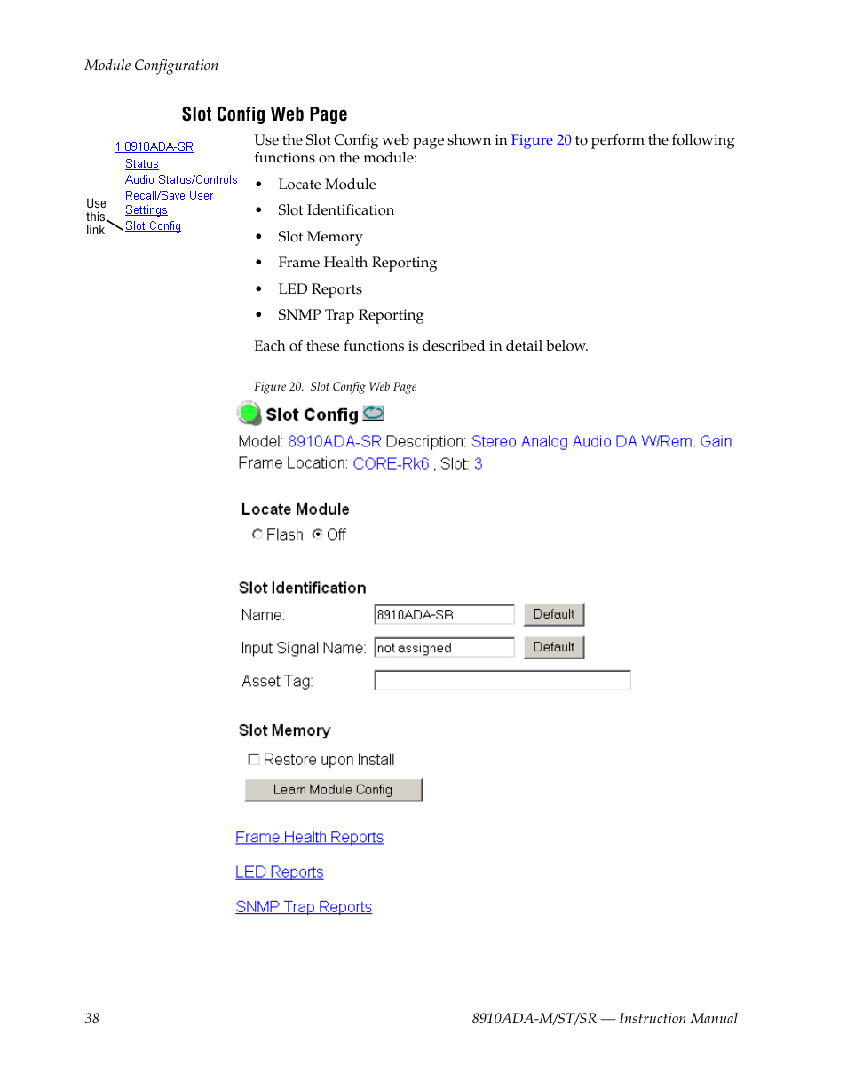 Slot config web page | Grass Valley 8910ADA-M User Manual | Page 38 / 58