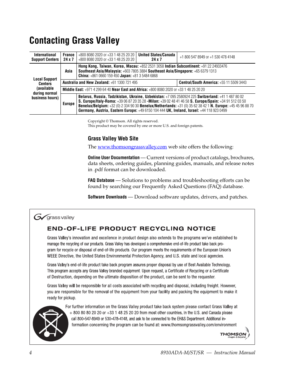 Contacting grass valley | Grass Valley 8910ADA-M User Manual | Page 4 / 58